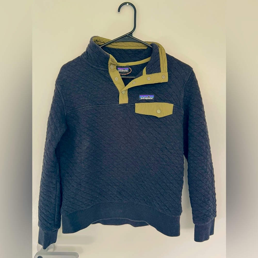 XS Patagonia organic cotton quilted T snap pullover extra small navy olive green